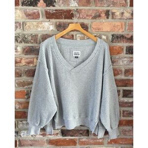 Aerie Gray Big Hug Waffle Knit Long Sleeve Lounge Shirt Top, M